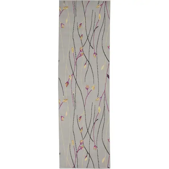 8' Gray And Pink Floral Runner Rug Photo 8