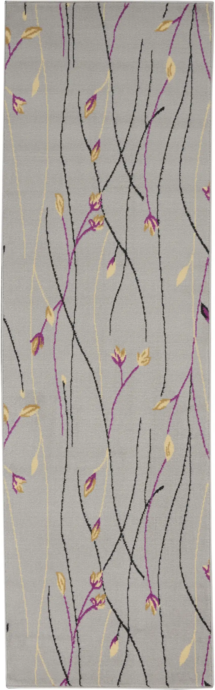 Gray and Pink Floral Power Loom Runner Rug Photo 2