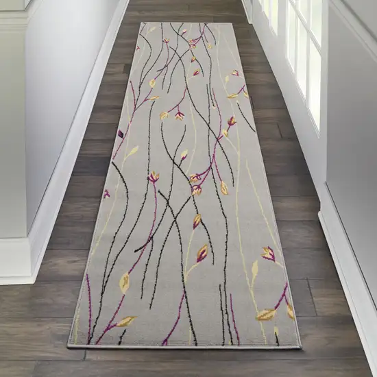8' Gray And Pink Floral Runner Rug Photo 4