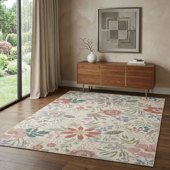 Gray and Pink Floral Power Loom Washable Non Skid Area Rug Photo 1