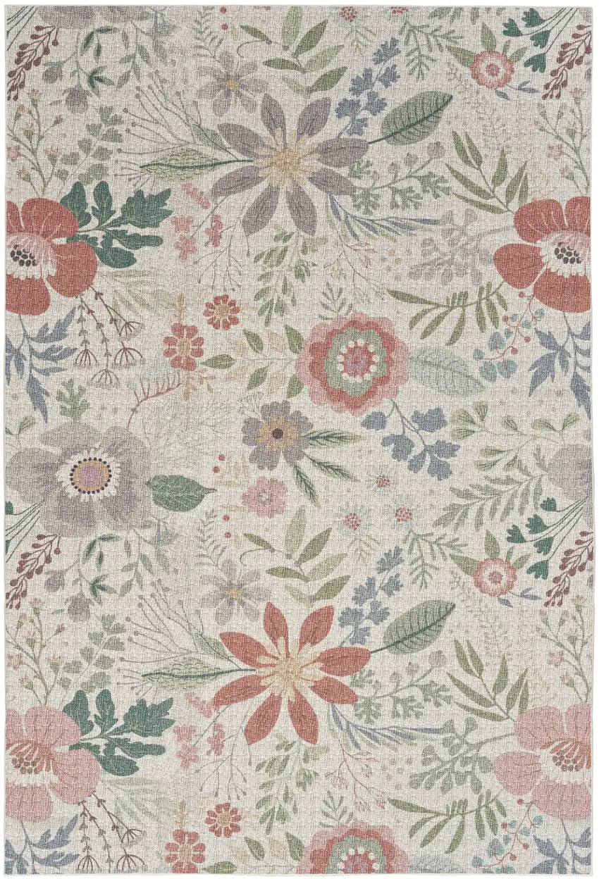 Gray and Pink Floral Power Loom Washable Non Skid Area Rug Photo 2