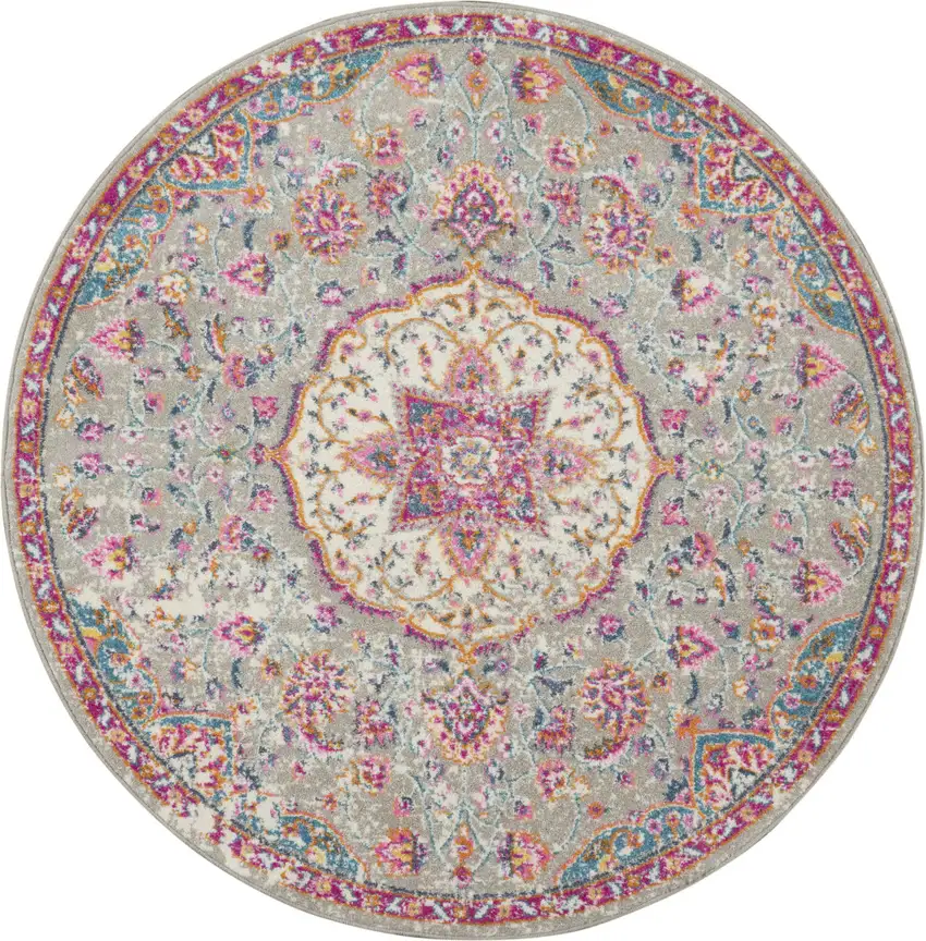 4' Gray And Ivory Medallion Round Rug Photo 4