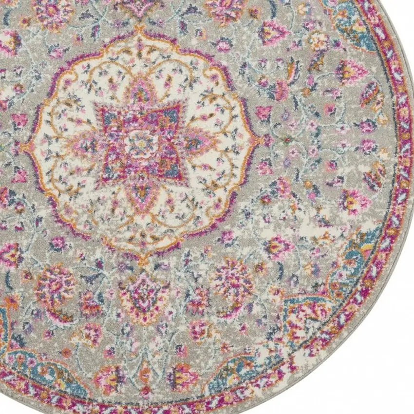 4' Gray And Ivory Medallion Round Rug Photo 3