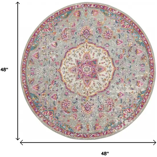 4' Gray And Ivory Medallion Round Rug Photo 3