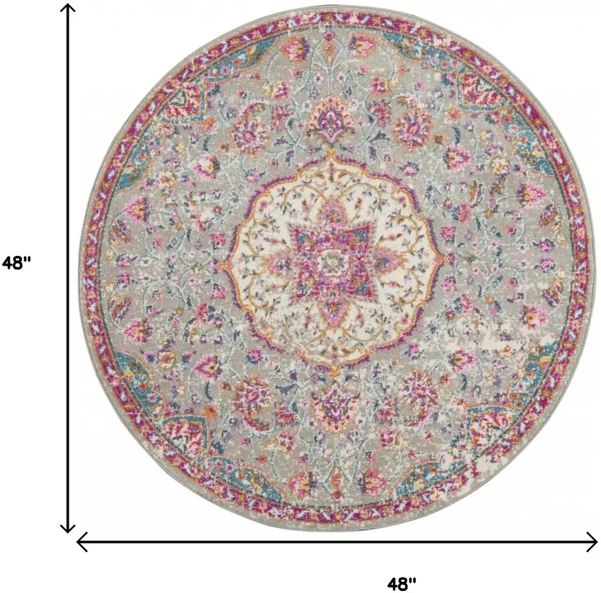 4' Gray And Ivory Medallion Round Rug Photo 3