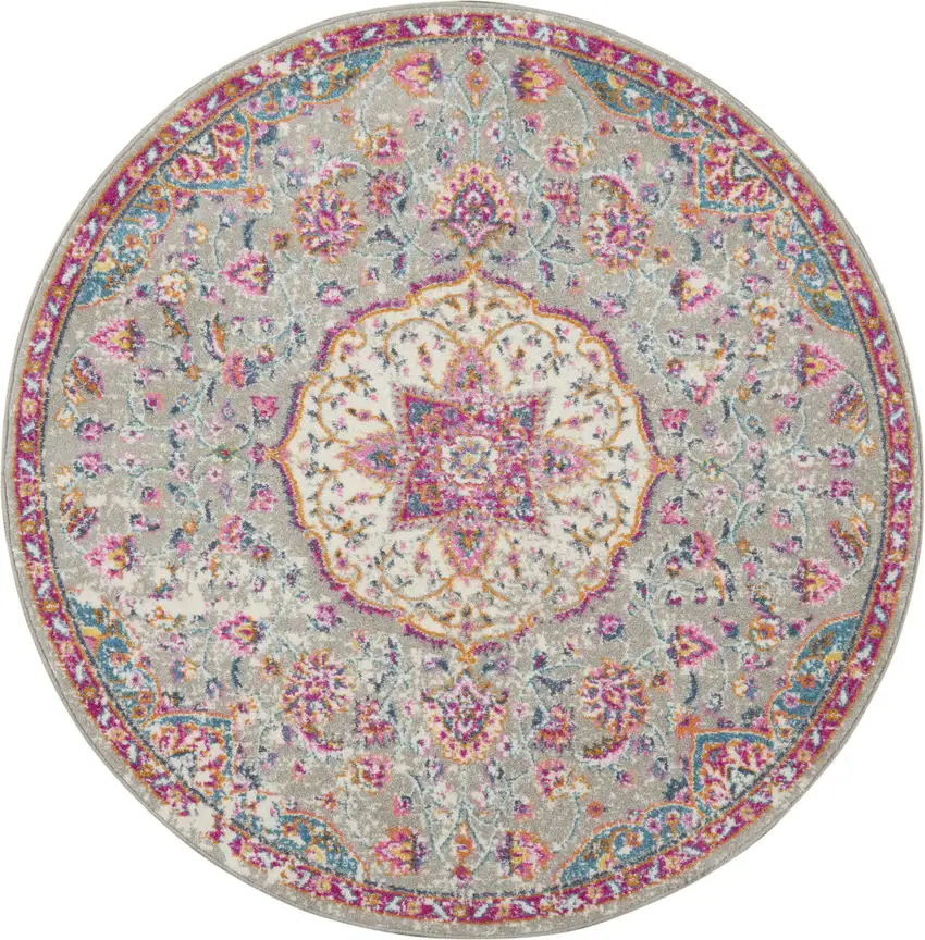 4' Gray And Ivory Medallion Round Rug Photo 2