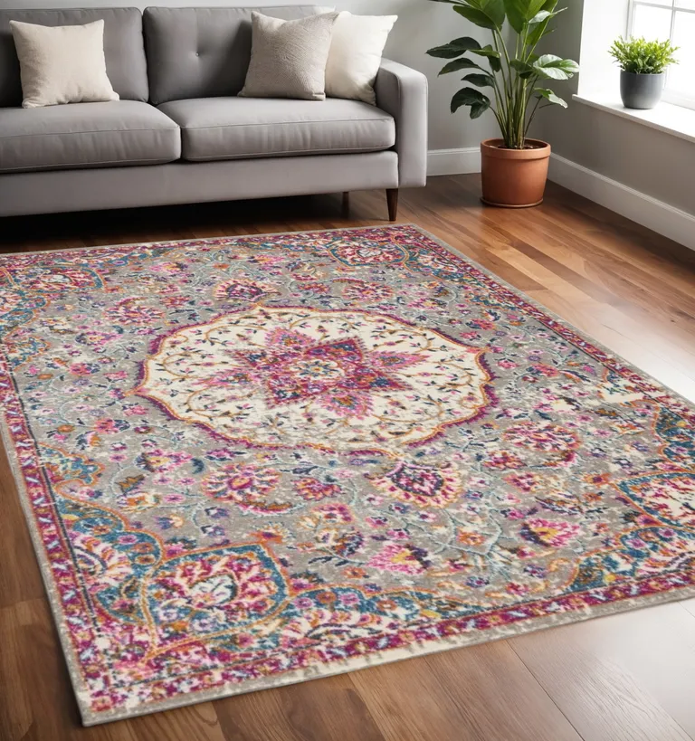 Gray and Pink Medallion Area Rug Photo 3