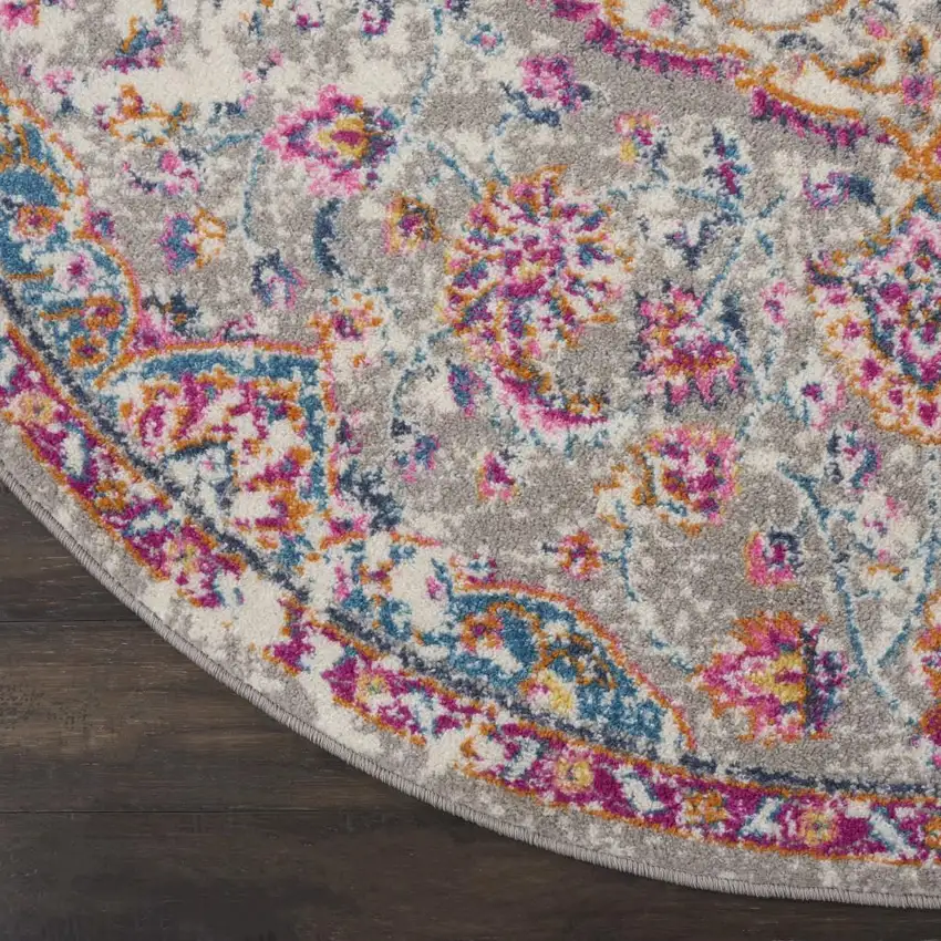 5' Gray And Pink Medallion Round Rug Photo 9
