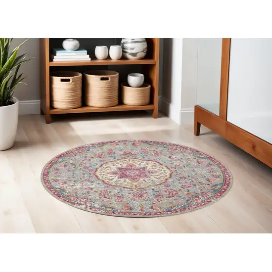 5' Gray And Pink Medallion Round Rug Photo 2