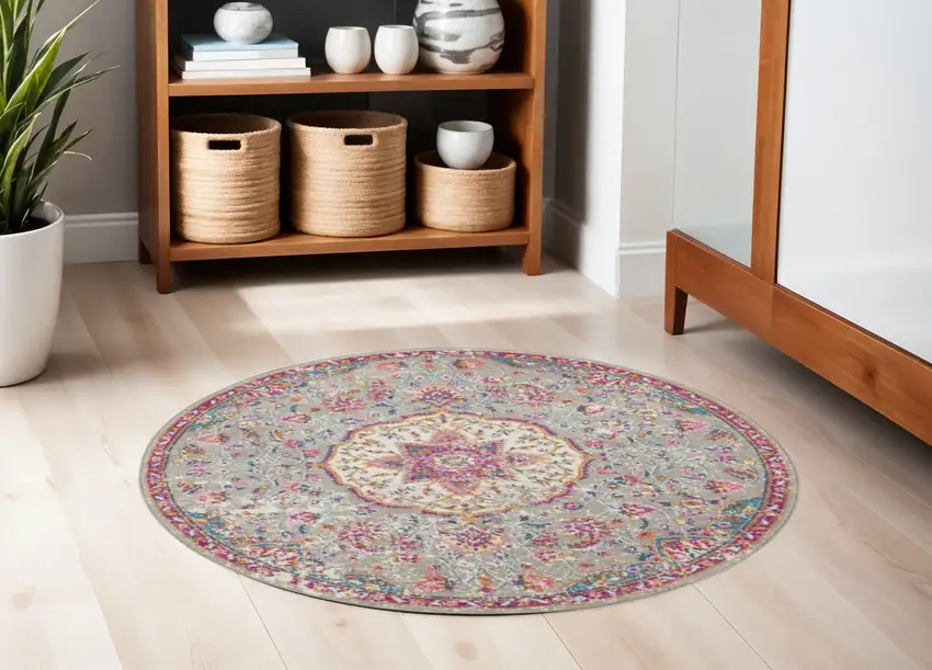 5' Gray And Pink Medallion Round Rug Photo 2