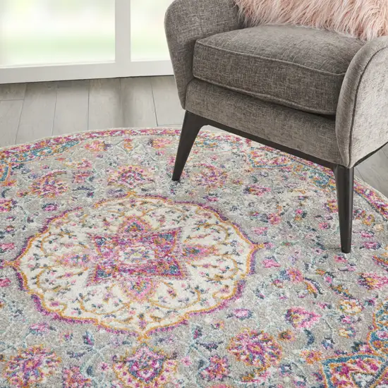 5' Gray And Pink Medallion Round Rug Photo 6