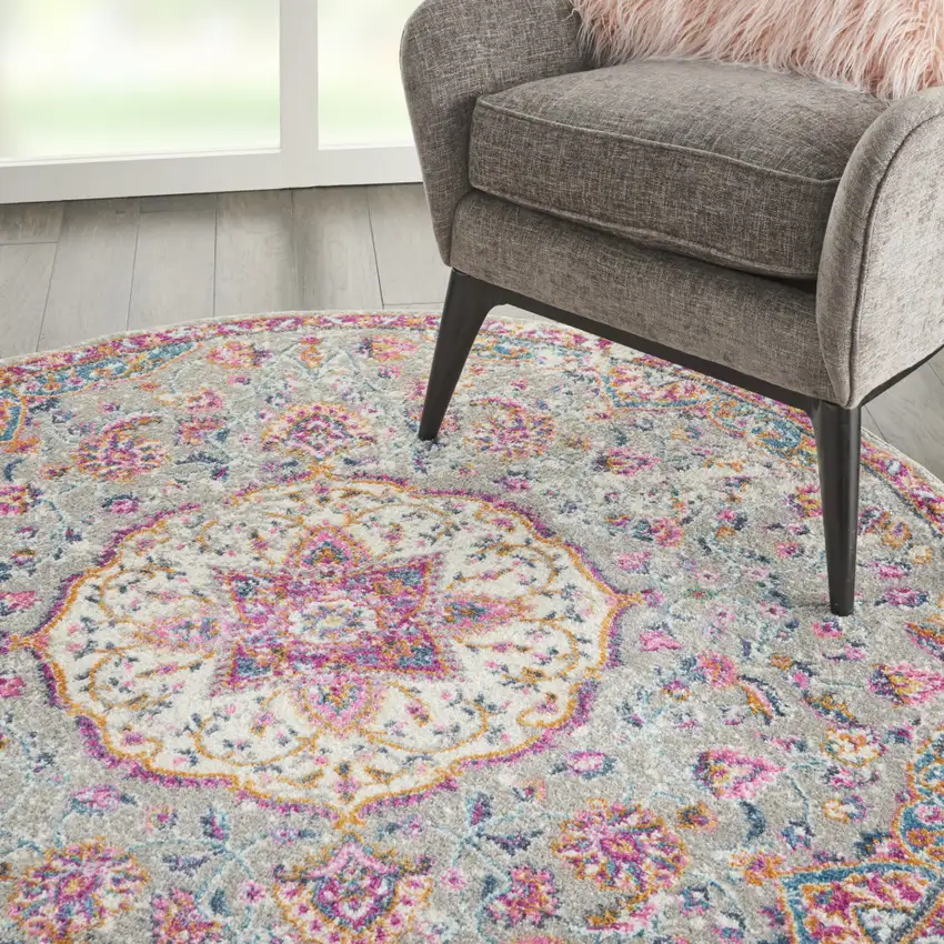 5' Gray And Pink Medallion Round Rug Photo 6