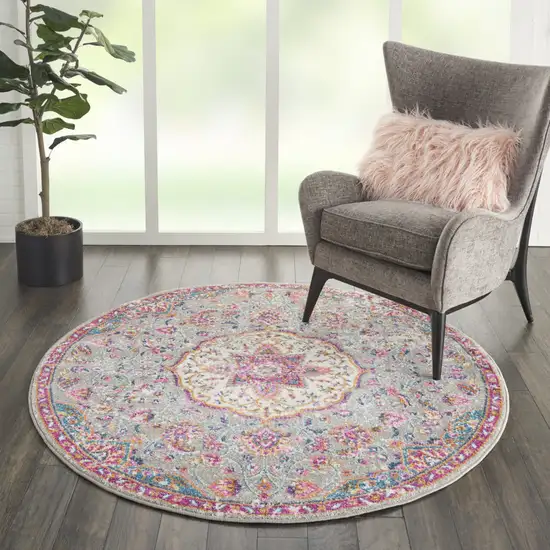 5' Gray And Pink Medallion Round Rug Photo 5