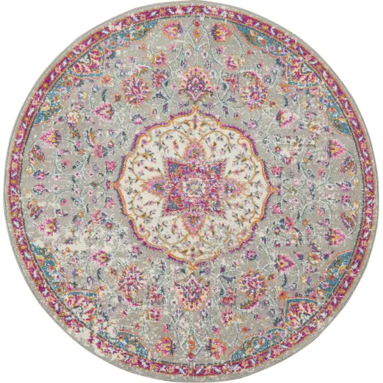 5' Gray And Pink Medallion Round Rug Photo 4