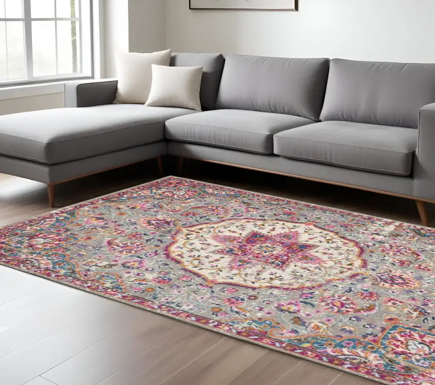 Gray And Ivory Medallion Area Rug Photo 2