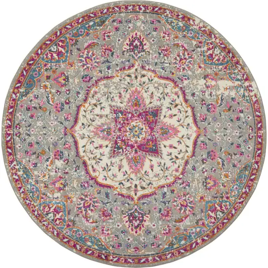 8' Gray And Ivory Medallion Round Rug Photo 4