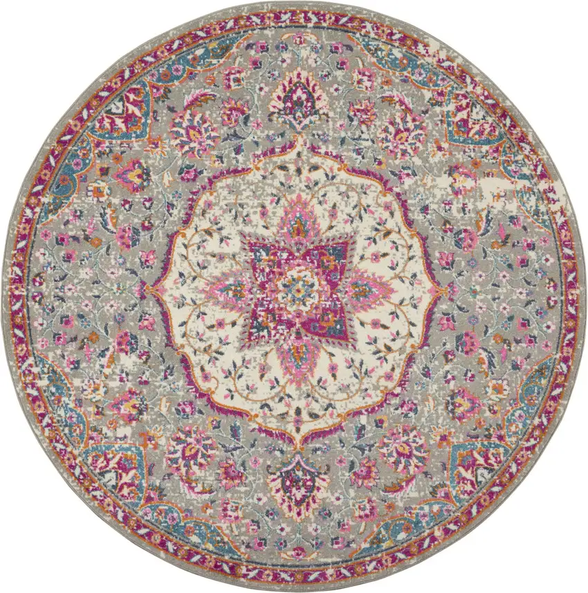 8' Gray And Ivory Medallion Round Rug Photo 4