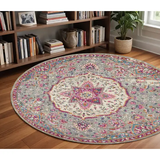 8' Gray And Ivory Medallion Round Rug Photo 1