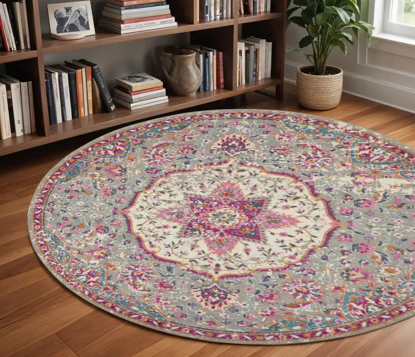8' Gray And Ivory Medallion Round Rug Photo 1