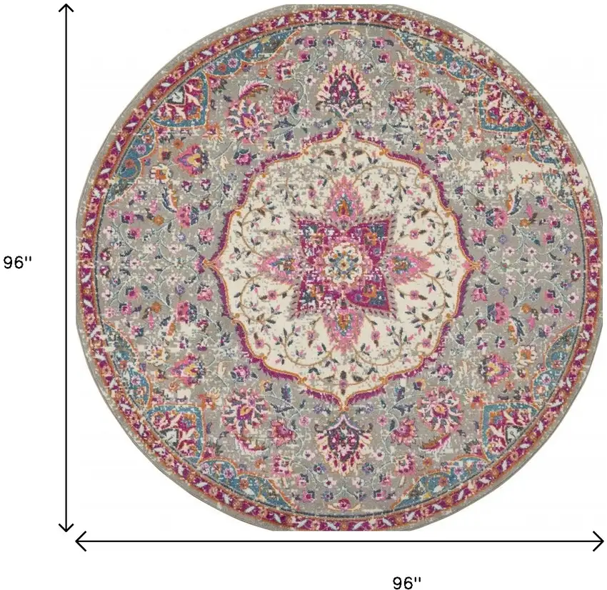 8' Gray And Ivory Medallion Round Rug Photo 3