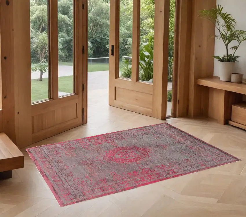 Gray and Pink Medallion Non Skid Area Rug Photo 1