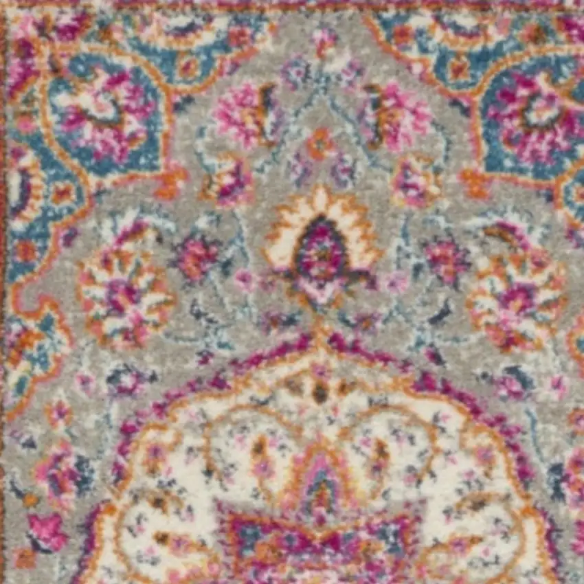 6' Gray And Ivory Medallion Runner Rug Photo 3