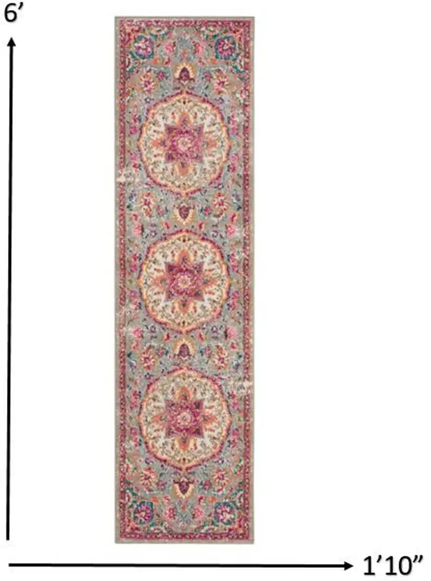 Gray and Pink Medallion Runner Rug Photo 3