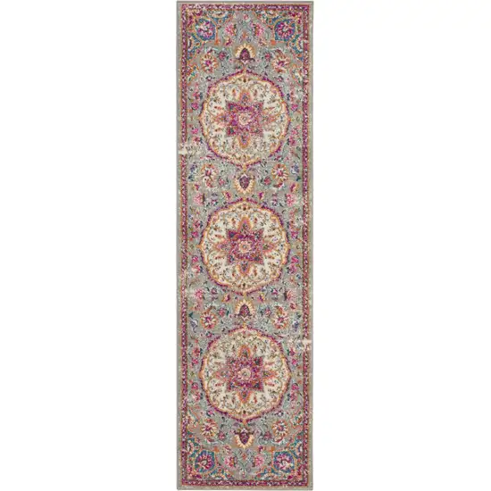 8' Gray And Ivory Medallion Runner Rug Photo 8