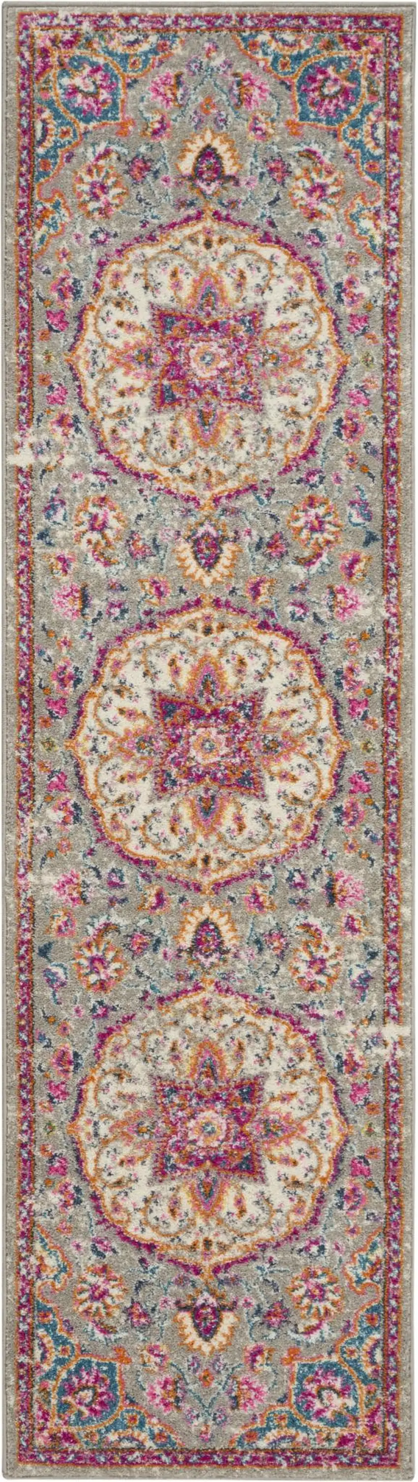 8' Gray And Ivory Medallion Runner Rug Photo 8