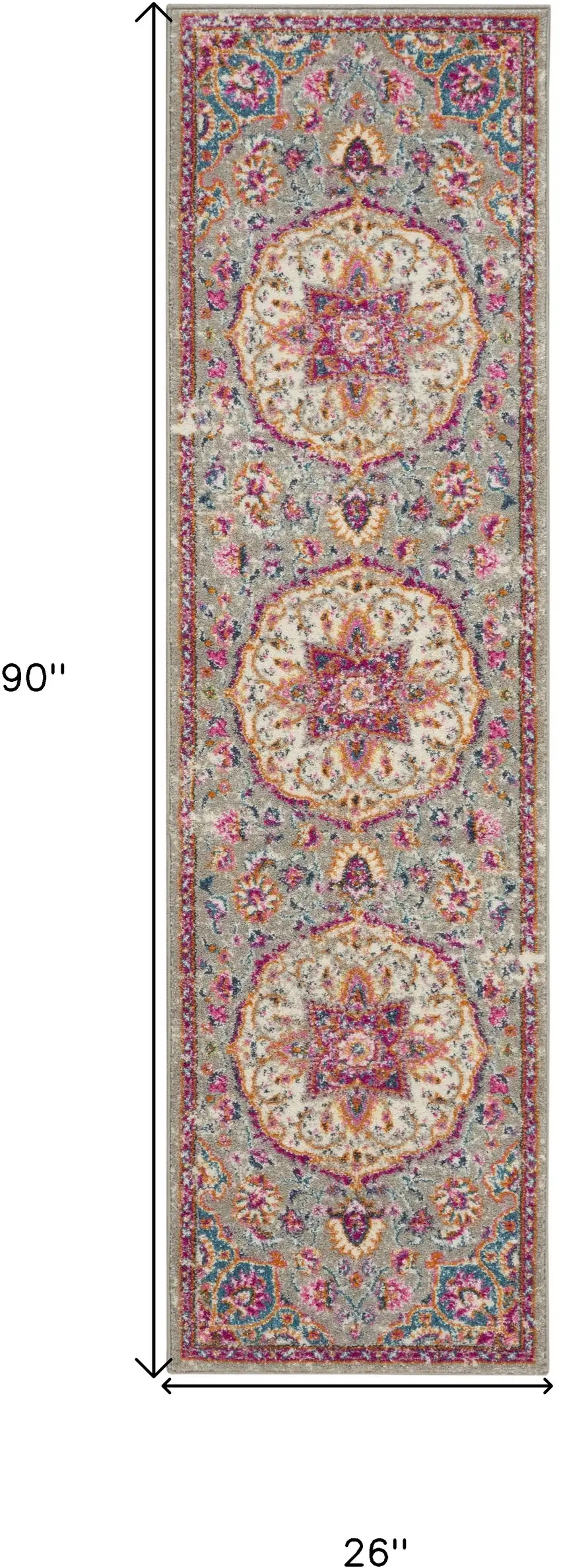 8' Gray And Ivory Medallion Runner Rug Photo 9