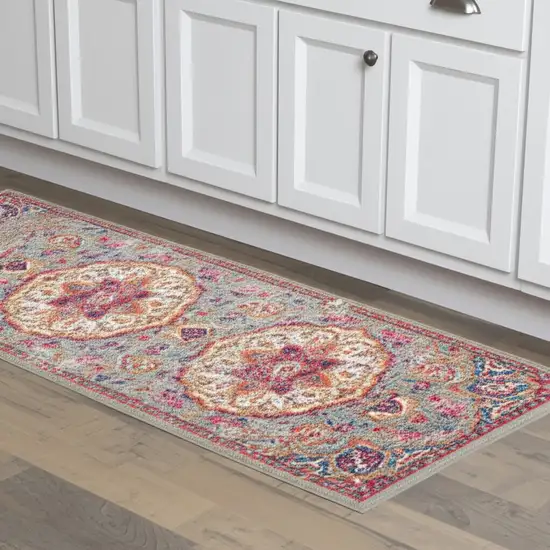 8' Gray And Ivory Medallion Runner Rug Photo 1