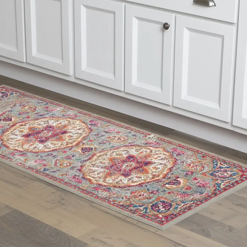 8' Gray And Ivory Medallion Runner Rug Photo 1