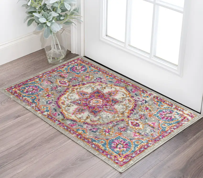 Gray And Ivory Medallion Area Rug Photo 2