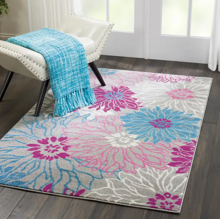 Gray And Pink Floral Area Rug Photo 5