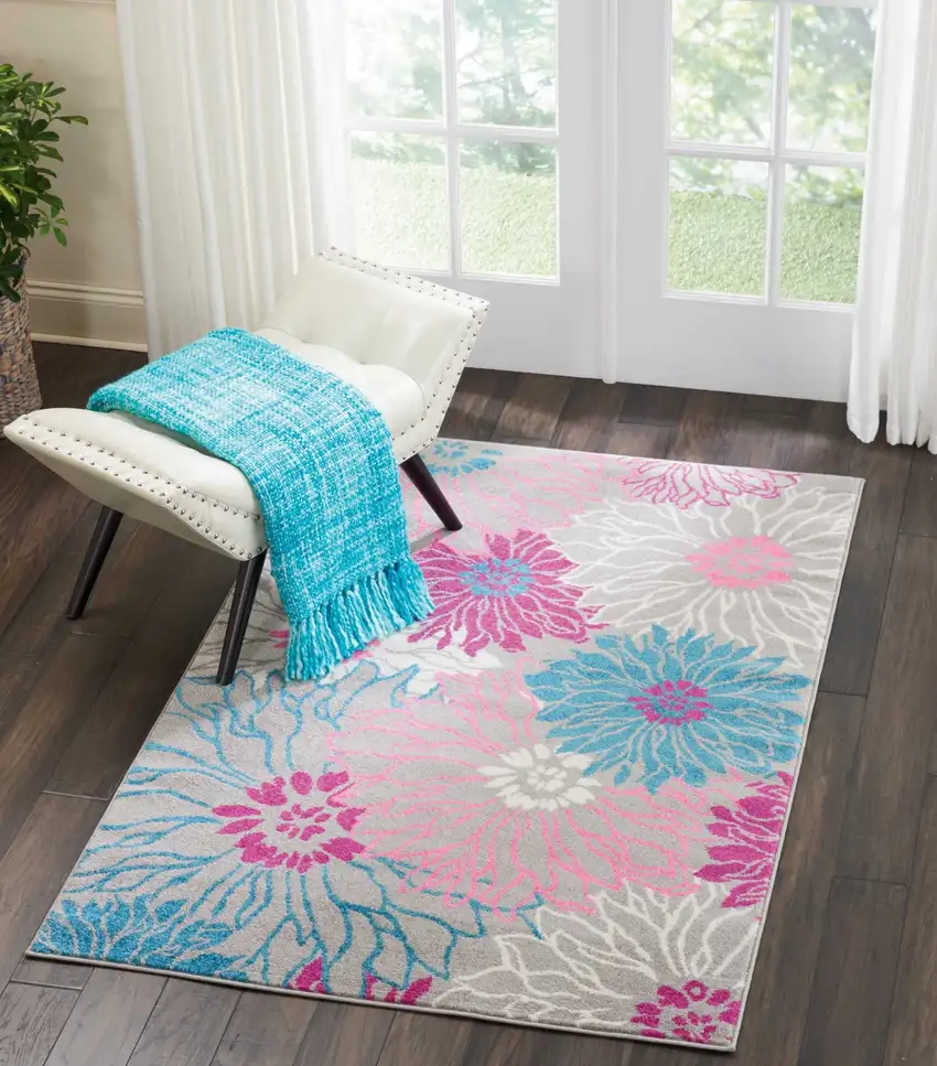 Gray and Pink Tropical Flower Area Rug Photo 5