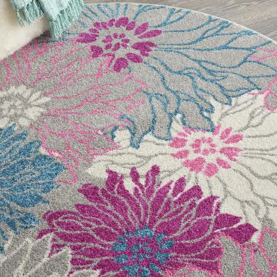 4' Gray And Pink Floral Round Rug Photo 8