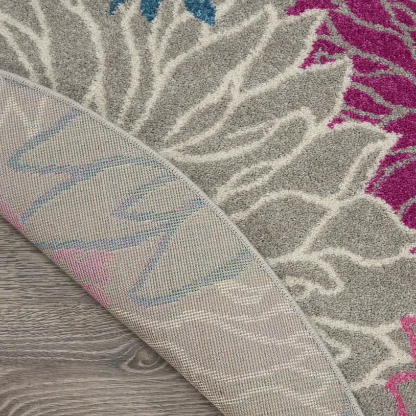 4' Gray And Pink Floral Round Rug Photo 4