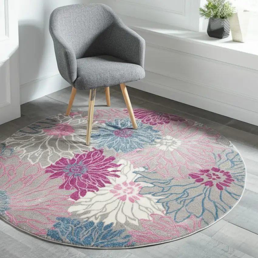4' Gray And Pink Floral Round Rug Photo 2