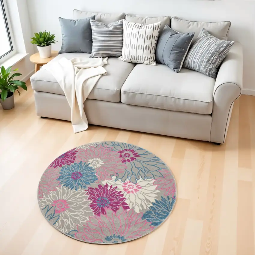4' Gray And Pink Floral Round Rug Photo 2
