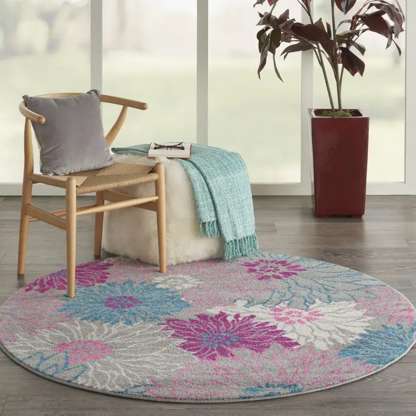 4' Gray And Pink Floral Round Rug Photo 5