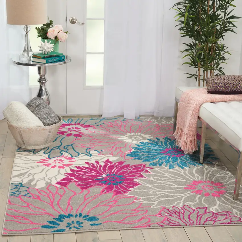 Gray And Pink Floral Area Rug Photo 5