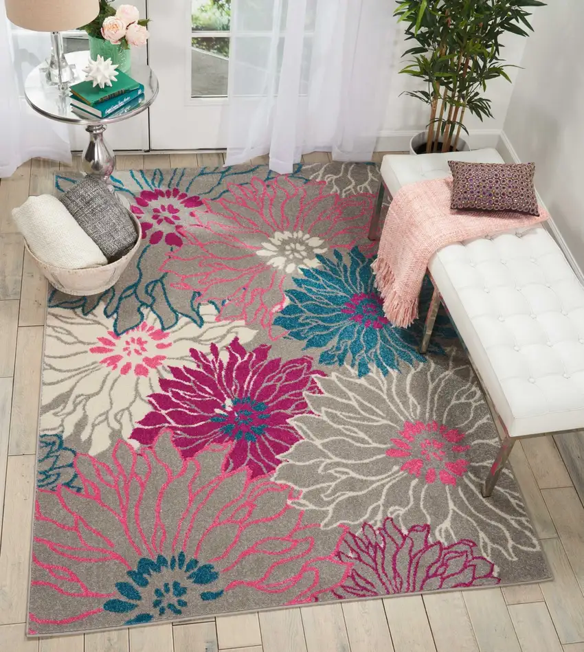 Gray and Pink Tropical Flower Area Rug Photo 6
