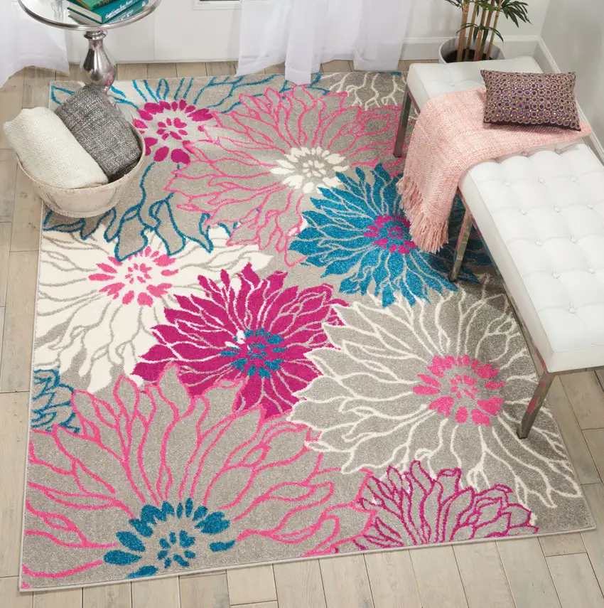 Gray And Pink Floral Area Rug Photo 6