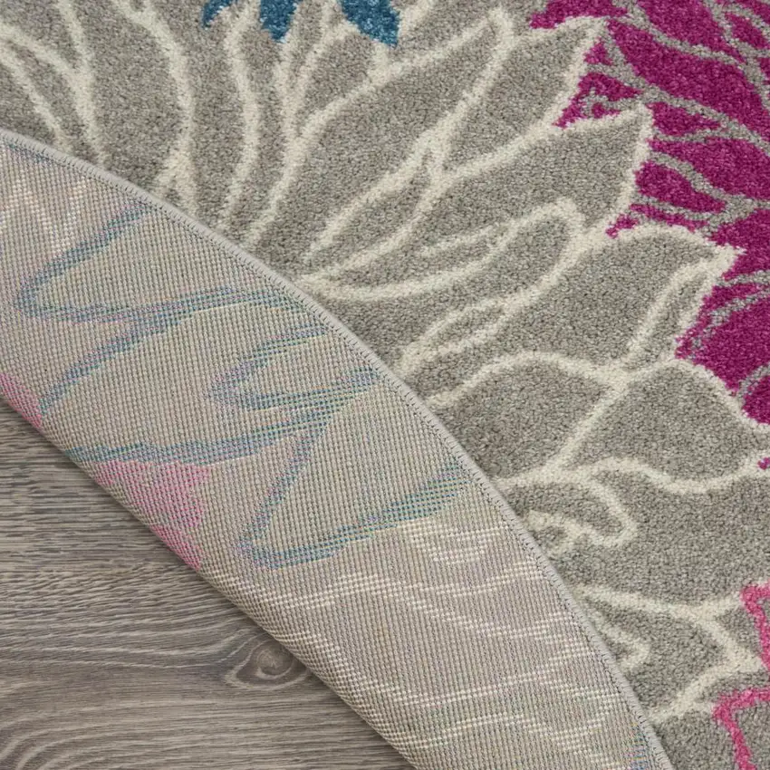 5' Gray And Pink Floral Round Rug Photo 9