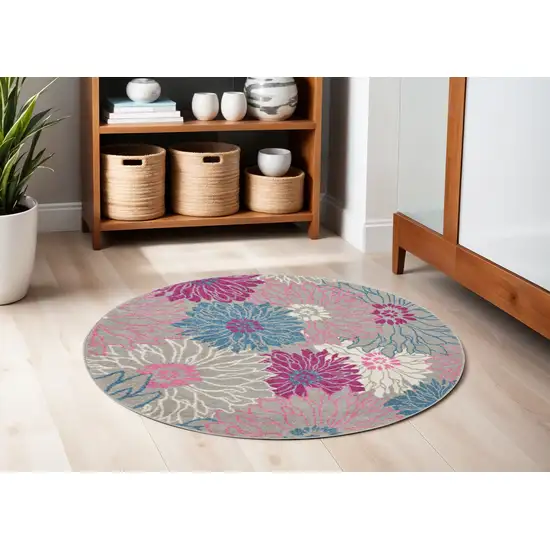 5' Gray And Pink Floral Round Rug Photo 2