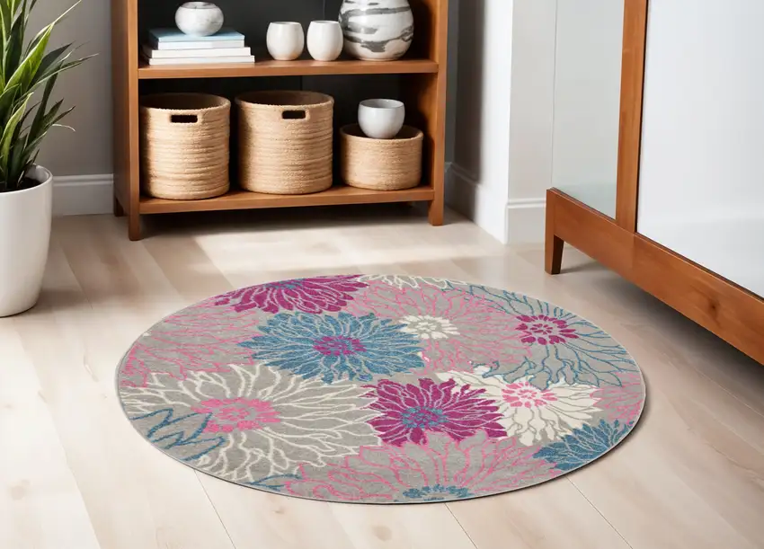 5' Gray And Pink Floral Round Rug Photo 2