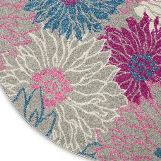 5' Gray And Pink Floral Round Rug Photo 9