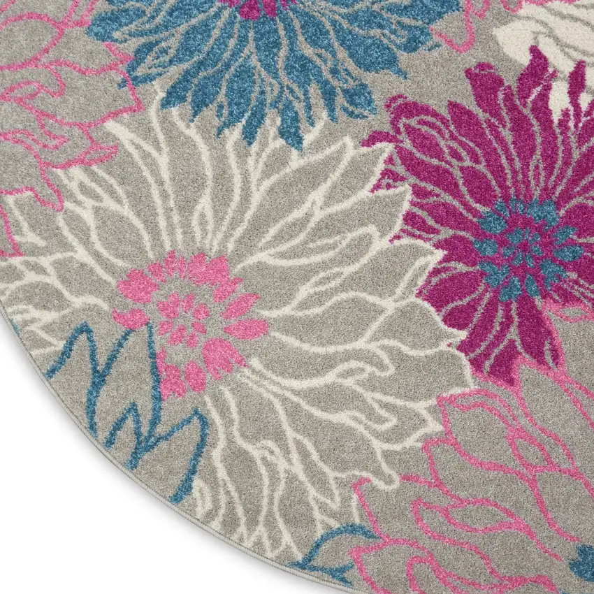 5' Gray And Pink Floral Round Rug Photo 9