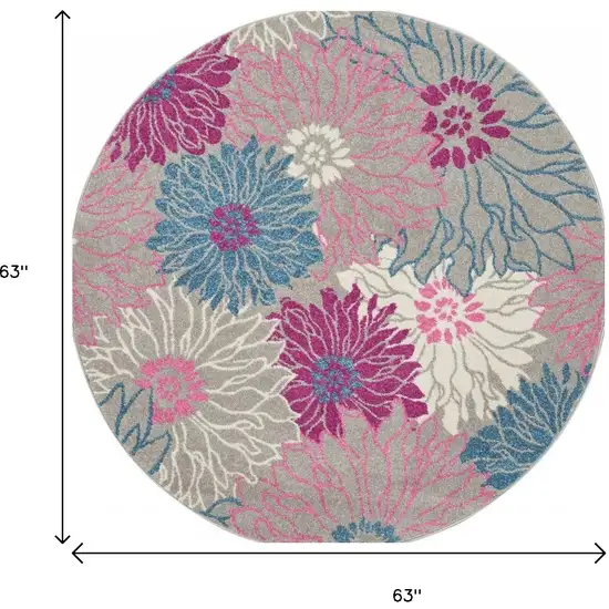 5' Gray And Pink Floral Round Rug Photo 7