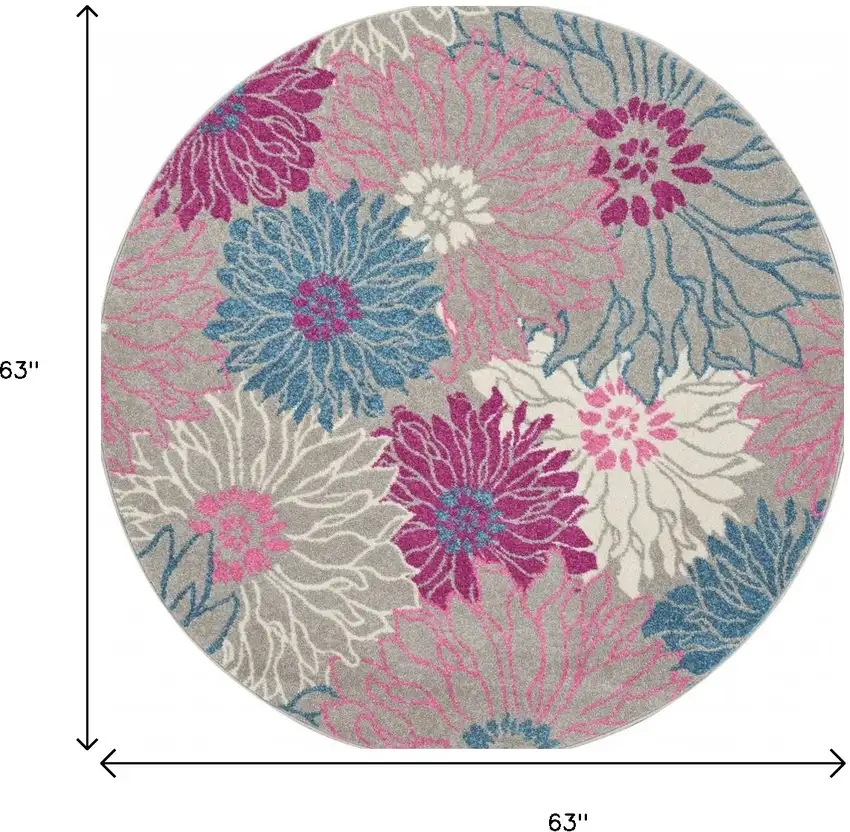 5' Gray And Pink Floral Round Rug Photo 7